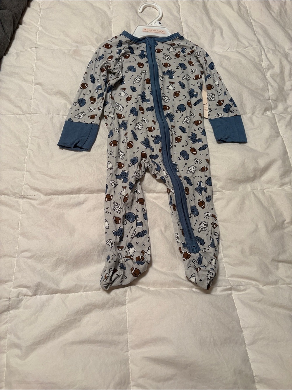 Baby Footed One-Piece in Gray with Blue Trim